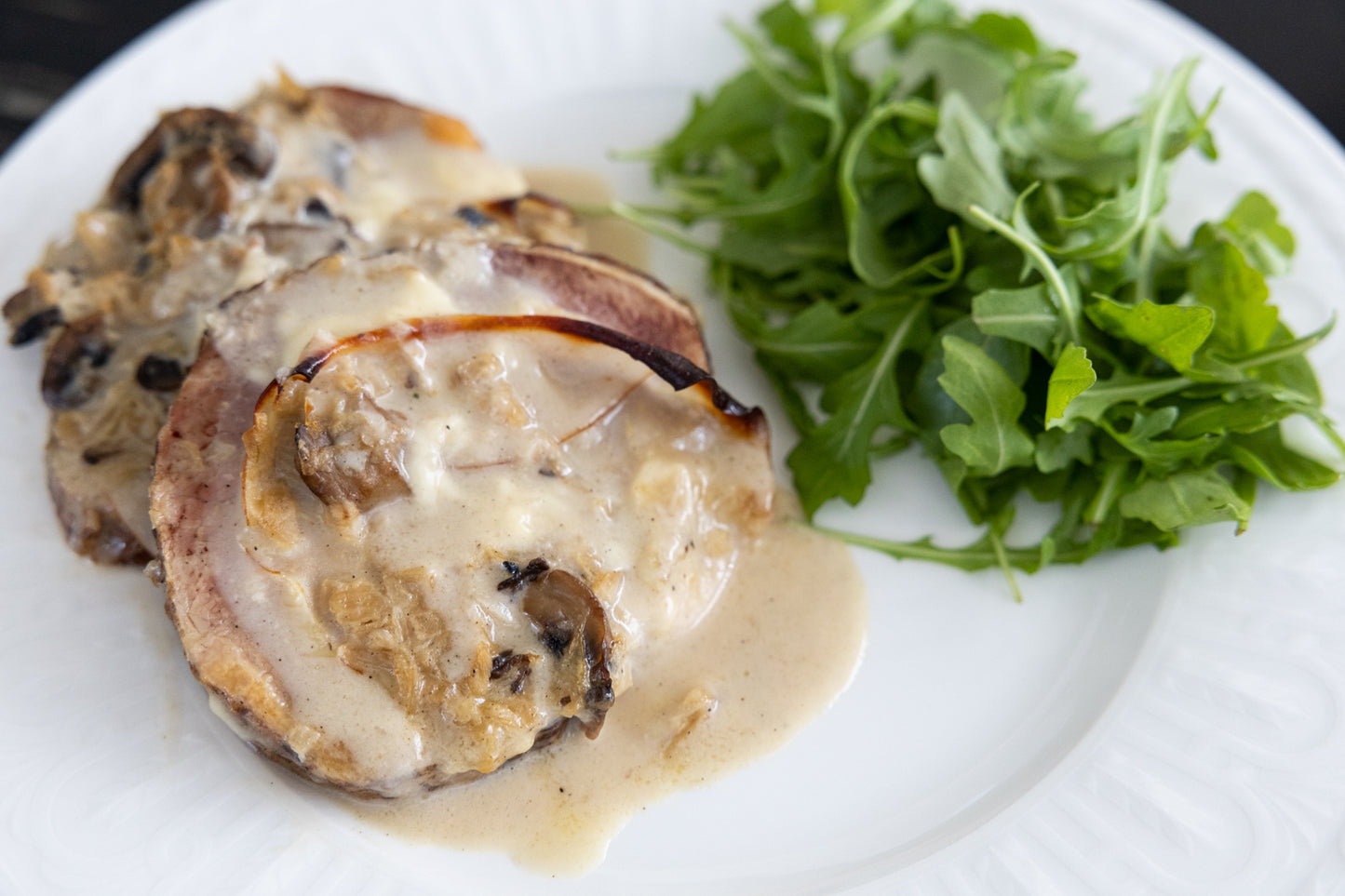 Roast beef with Ham and Cheese in Creamy Mushroom Sauce