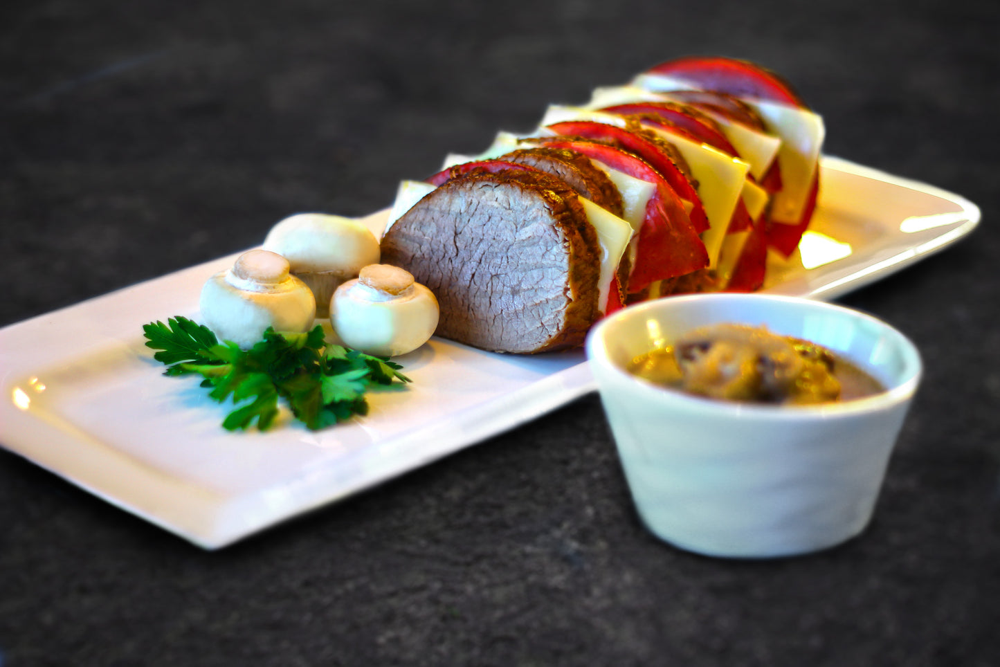 Roast beef with Ham and Cheese in Creamy Mushroom Sauce